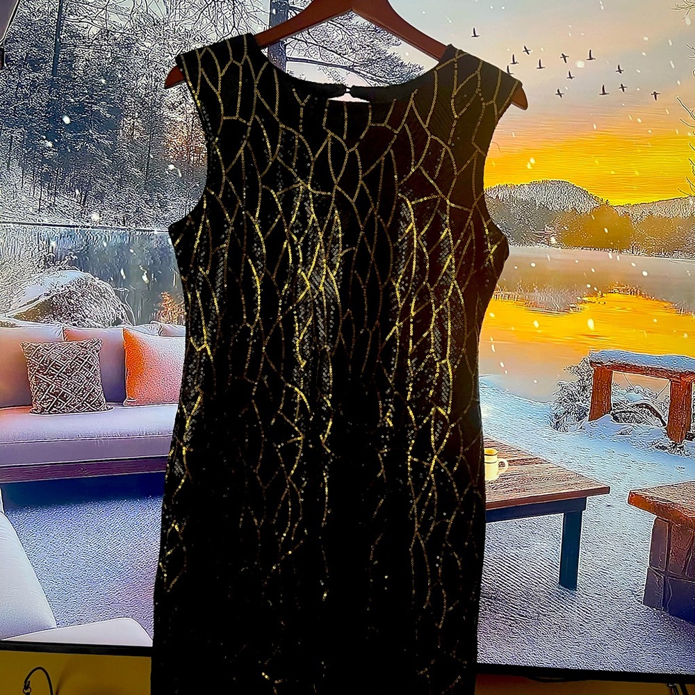 Black dress with gold beads
Good for Christmas party dress